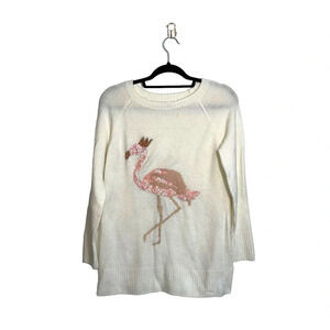 LC Lauren Conrad Ivory White Sequin Flamingo Plush Tunic Sweater Xsmall Women’s